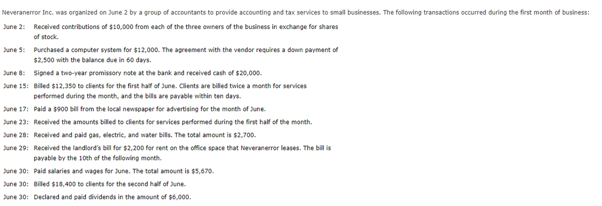 Neveranerror Inc. was organized on June 2 by a group of accountants to provide accounting and tax services to small businesses. The following transactions occurred during the first month of business:
June 2:
Received contributions of $10,000 from each of the three owners of the business in exchange for shares
of stock.
June 5:
June 8:
June 15:
June 17:
June 23:
June 28:
June 29:
Purchased a computer system for $12,000. The agreement with the vendor requires a down payment of
$2,500 with the balance due in 60 days.
Signed a two-year promissory note at the bank and received cash of $20,000.
Billed $12,350 to clients for the first half of June. Clients are billed twice a month for services
performed during the month, and the bills are payable within ten days.
Paid a $900 bill from the local newspaper for advertising for the month of June.
Received the amounts billed to clients for services performed during the first half of the month.
Received and paid gas, electric, and water bills. The total amount is $2,700.
Received the landlord's bill for $2,200 for rent on the office space that Neveranerror leases. The bill is
payable by the 10th of the following month.
June 30:
Paid salaries and wages for June. The total amount is $5,670.
June 30: Billed $18,400 to clients for the second half of June.
June 30: Declared and paid dividends in the amount of $6,000.