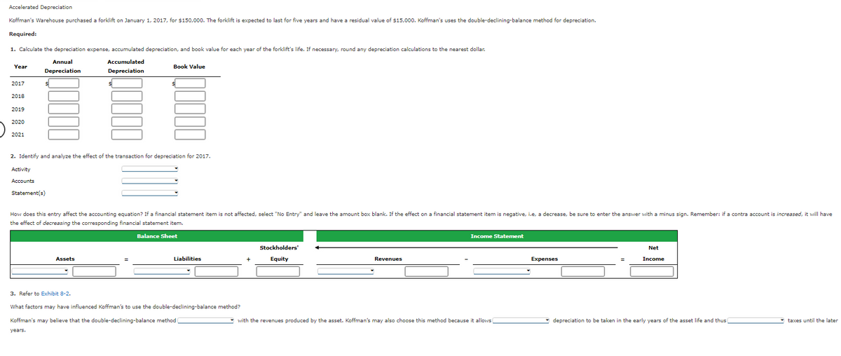 Accelerated Depreciation
Koffman's Warehouse purchased a forklift on January 1, 2017, for $150,000. The forklift is expected to last for five years and have a residual value of $15,000. Koffman's uses the double-declining-balance method for depreciation.
Required:
1. Calculate the depreciation expense, accumulated depreciation, and book value for each year of the forklift's life. If necessary, round any depreciation calculations to the nearest dollar.
Accumulated
Depreciation
Year
2017
2018
2019
2020
2021
Annual
Depreciation
Activity
Accounts
Statement(s)
2. Identify and analyze the effect of the transaction for depreciation for 2017.
Book Value
Assets
$
How does this entry affect the accounting equation? If a financial statement item is not affected, select "No Entry" and leave the amount box blank. If the effect on a financial statement item is negative, i.e, a decrease, be sure to enter the answer with a minus sign. Remember: if a contra account is increased, it will have
the effect of decreasing the corresponding financial statement item.
3. Refer to Exhibit 8-2.
Balance Sheet
Liabilities
What factors may have influenced Koffman's to use the double-declining-balance method?
Koffman's may believe that the double-declining-balance method
years.
Stockholders'
Equity
Revenues
Income Statement
the revenues produced by the asset. Koffman's may also choose this method because it allows
Expenses
Net
Income
depreciation to be taken in the early years of the asset life and thus
taxes until the later