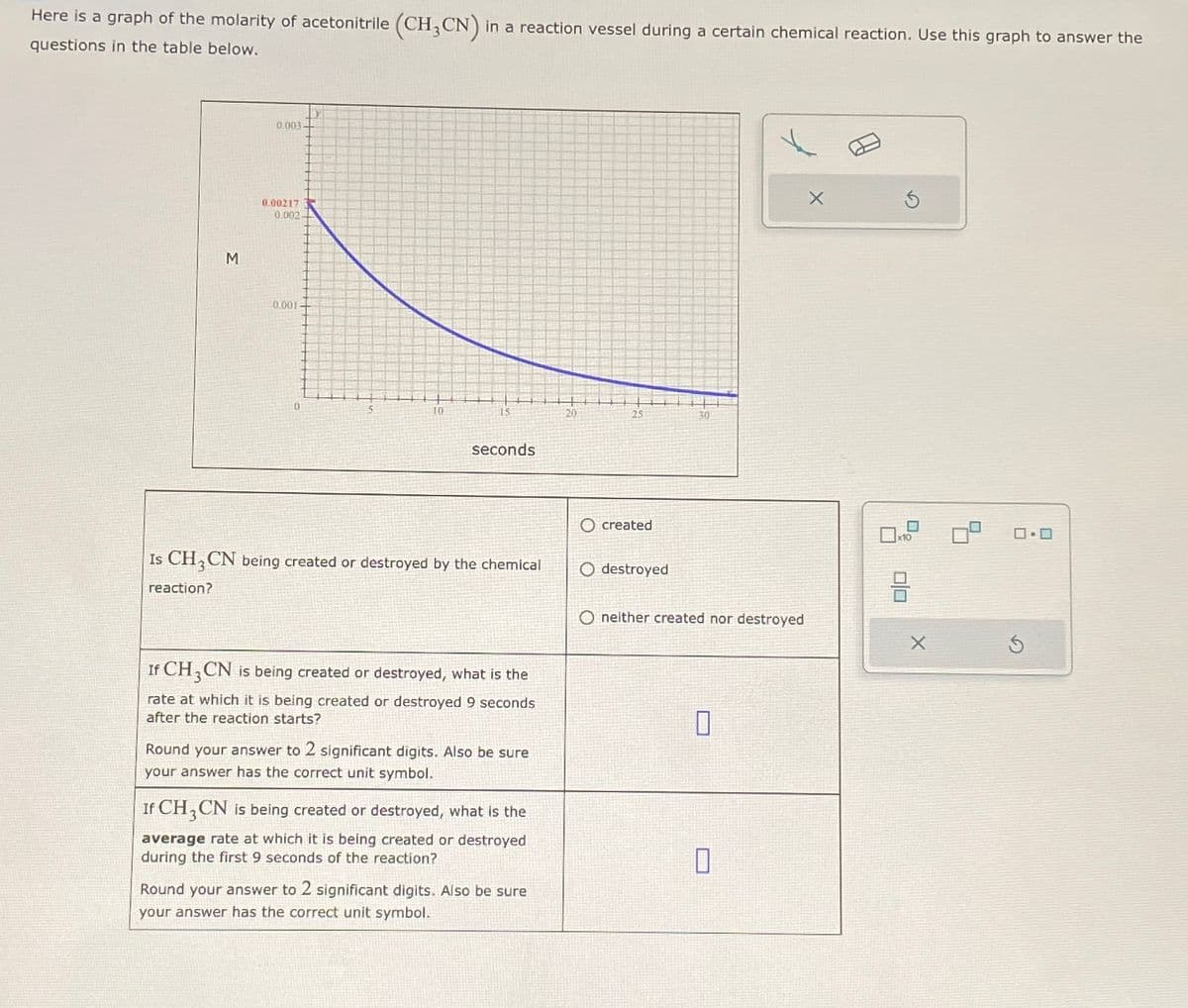 Here is a graph of the molarity of acetonitrile (CH3CN) in a reaction vessel during a certain chemical reaction. Use this graph to answer the
questions in the table below.
M
reaction?
0.003-
0.00217
0.002
0.001-
10
15
seconds
Is CH3CN being created or destroyed by the chemical
If CH3CN is being created or destroyed, what is the
rate at which it is being created or destroyed 9 seconds
after the reaction starts?
Round your answer to 2 significant digits. Also be sure
your answer has the correct unit symbol.
If CH3CN is being created or destroyed, what is the
average rate at which it is being created or destroyed
during the first 9 seconds of the reaction?
Round your answer to 2 significant digits. Also be sure
your answer has the correct unit symbol.
20
created
destroyed
30
O neither created nor destroyed
0
17
x10
00
X
0.0
Ś