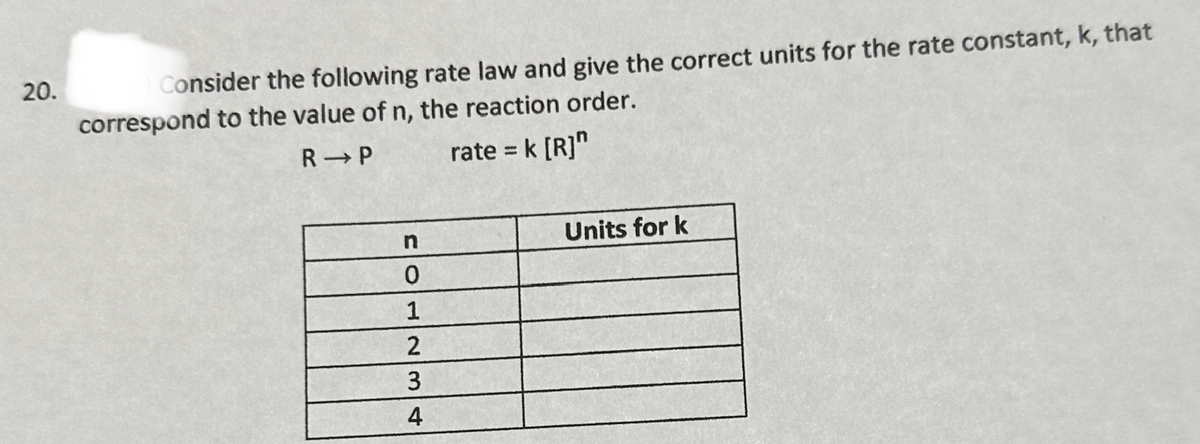 20.
Consider the following rate law and give the correct units for the rate constant, k, that
correspond to the value of n, the reaction order.
R-P
rate = k [R]"
n
0
1
2
3
4
Units for k