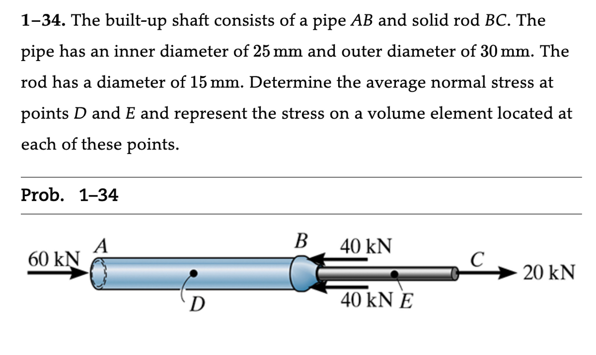 1–34. The built-up shaft consists of a pipe AB and solid rod BC. The
pipe has an inner diameter of 25 mm and outer diameter of 30 mm. The
rod has a diameter of 15 mm. Determine the average normal stress at
points D and E and represent the stress on a volume element located at
each of these points.
Prob. 1-34
60 KN
A
D
B
40 kN
40 KN E
20 kN