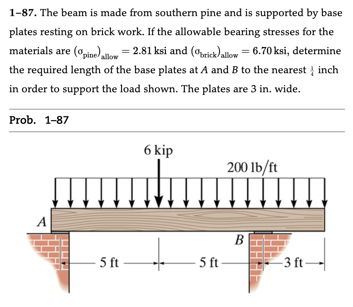 1-87. The beam is made from southern pine and is supported by base
plates resting on brick work. If the allowable bearing stresses for the
materials are (opine) allow
= 2.81 ksi and (ºbrick) allow = 6.70 ksi, determine
the required length of the base plates at A and B to the nearest inch
in order to support the load shown. The plates are 3 in. wide.
Prob. 1-87
A
5 ft
6 kip
5 ft
200 lb/ft
B
-3 ft-