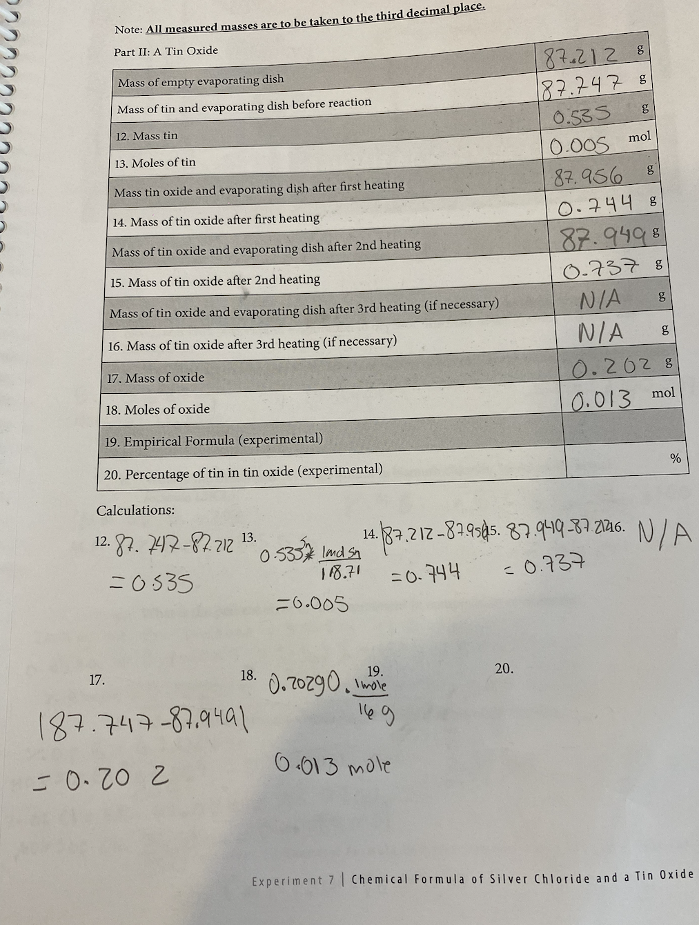 Note: All measured masses are to be taken to the third decimal place.
Part II: A Tin Oxide
Mass of empty evaporating dish
Mass of tin and evaporating dish before reaction
12. Mass tin
13. Moles of tin
Mass tin oxide and evaporating dish after first heating
14. Mass of tin oxide after first heating
Mass of tin oxide and evaporating dish after 2nd heating
15. Mass of tin oxide after 2nd heating
Mass of tin oxide and evaporating dish after 3rd heating (if necessary)
16. Mass of tin oxide after 3rd heating (if necessary)
17. Mass of oxide
18. Moles of oxide
19. Empirical Formula (experimental)
20. Percentage of tin in tin oxide (experimental)
17.
Calculations:
12. 87. 747-87.212 13.
=0535
187.747-87.9491
= 0.20 2
0.533 Imd sn
118.71
=0.005
18. 0.20290.1
19.
14.187.2 12-87.9585. 87.949-8721216. N/A
=0.744
= 0.737
169
0.013 mole
87.212 8
87.747 8
0.535
g
0.005
87.956
g
0.744 8
87.9498
0.737 8
N/A g
N/A
20.
mol
g
0.202 8
0.013 mol
%
Experiment 7| Chemical Formula of Silver Chloride and a Tin Oxide