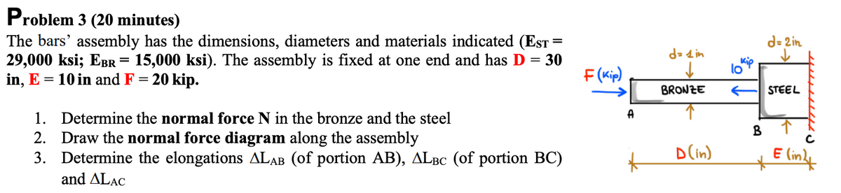 Problem 3 (20 minutes)
The bars' assembly has the dimensions, diameters and materials indicated (EST
29,000 ksi; EBR = 15,000 ksi). The assembly is fixed at one end and has D
in, E
=
1.
10 in and F20 kip.
Determine the normal force N in the bronze and the steel
=
d=2in
=
30
d= 1 in
F(kip)
BRONZE
←
STEEL
A
B ↑
c
D(in)
Elin
2. Draw the normal force diagram along the assembly
3. Determine the elongations ALAB (of portion AB), ALBC (of portion BC)
and ALAC