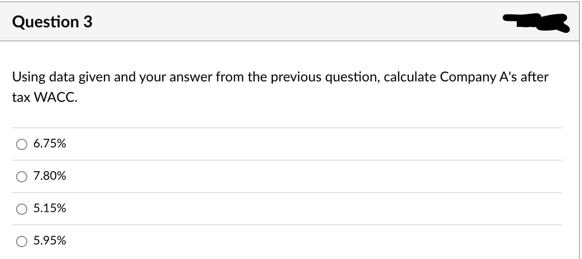 Question 3
Using data given and your answer from the previous question, calculate Company A's after
tax WACC.
6.75%
7.80%
5.15%
5.95%