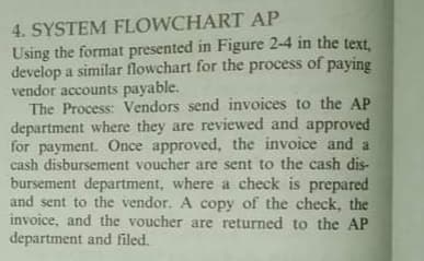 4. SYSTEM FLOWCHART AP
Using the format presented in Figure 2-4 in the text,
develop a similar flowchart for the process of paying
vendor accounts payable.
The Process: Vendors send invoices to the AP
department where they are reviewed and approved
for payment. Once approved, the invoice and a
cash disbursement voucher are sent to the cash dis-
bursement department, where a check is prepared
and sent to the vendor. A copy of the check, the
invoice, and the voucher are returned to the AP
department and filed.
