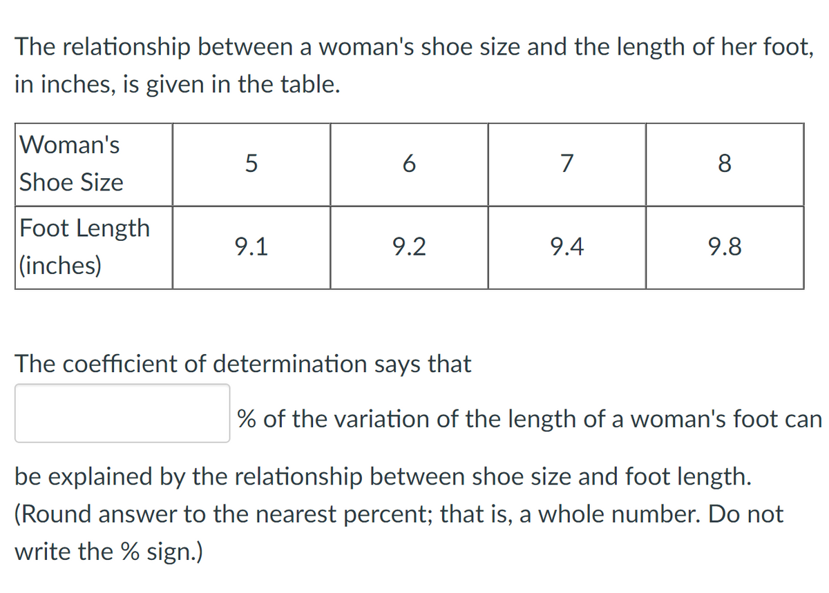 The relationship between a woman's shoe size and the length of her foot,
in inches, is given in the table.
Woman's
5
7
8.
Shoe Size
Foot Length
(inches)
9.1
9.2
9.4
9.8
The coefficient of determination says that
% of the variation of the length of a woman's foot can
be explained by the relationship between shoe size and foot length.
(Round answer to the nearest percent; that is, a whole number. Do not
write the % sign.)
