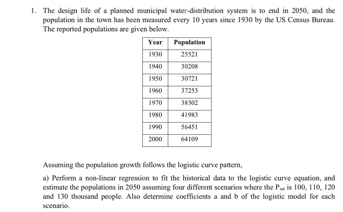 1. The design life of a planned municipal water-distribution system is to end in 2050, and the
population in the town has been measured every 10 years since 1930 by the US Census Bureau.
The reported populations are given below.
Year
Population
1930
25521
1940
30208
1950
30721
1960
37253
1970
38302
1980
41983
1990
56451
2000
64109
Assuming the population growth follows the logistic curve pattern,
a) Perform a non-linear regression to fit the historical data to the logistic curve equation, and
estimate the populations in 2050 assuming four different scenarios where the Psat is 100, 110, 120
and 130 thousand people. Also determine coefficients a and b of the logistic model for each
scenario.
