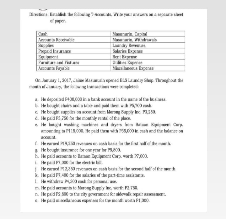 Directions: Establish the following T-Accounts. Write your answers on a separate sheet
of paper.
Cash
Accounts Receivable
Supplies
Prepaid Insurance
Equipment
Furniture and Fixtures
Accounts Payable
Masunurin, Capital
Masunurin, Withdrawals
Laundry Revenues
Salaries Expense
Rent Expense
Utilities Expense
Miscellaneous Expense
On January 1, 2017, Jaime Masunurin opened BLS Laundry Shop. Throughout the
month of January, the following transactions were completed:
a. He deposited P400,000 in a bank account in the name of the business.
b. He bought chairs and a table and paid them with P5,700 cash.
c. He bought supplies on account from Morong Supply Inc. P3,250.
d. He paid P5,750 for the monthly rental of the place.
e. He bought washing machines and dryers from Bataan Equipment Corp.
amounting to P115,000. He paid them with P35,000 in cash and the balance on
account.
f. He earned P19,250 revenues on cash basis for the first half of the month.
g. He bought insurance for one year for P5,800.
h. He paid accounts to Bataan Equipment Corp. worth P7,000.
i. He paid P7,000 for the electric bill.
j. He earned P12,350 revenues on cash basis for the second half of the month.
k. He paid P7,400 for the salaries of the part-time assistants.
1. He withdrew P4,500 cash for personal use.
m. He paid accounts to Morong Supply Inc. worth P2,750.
n. He paid P2,800 to the city government for sidewalk repair assessment.
o. He paid miscellaneous expenses for the month worth P1,000.
