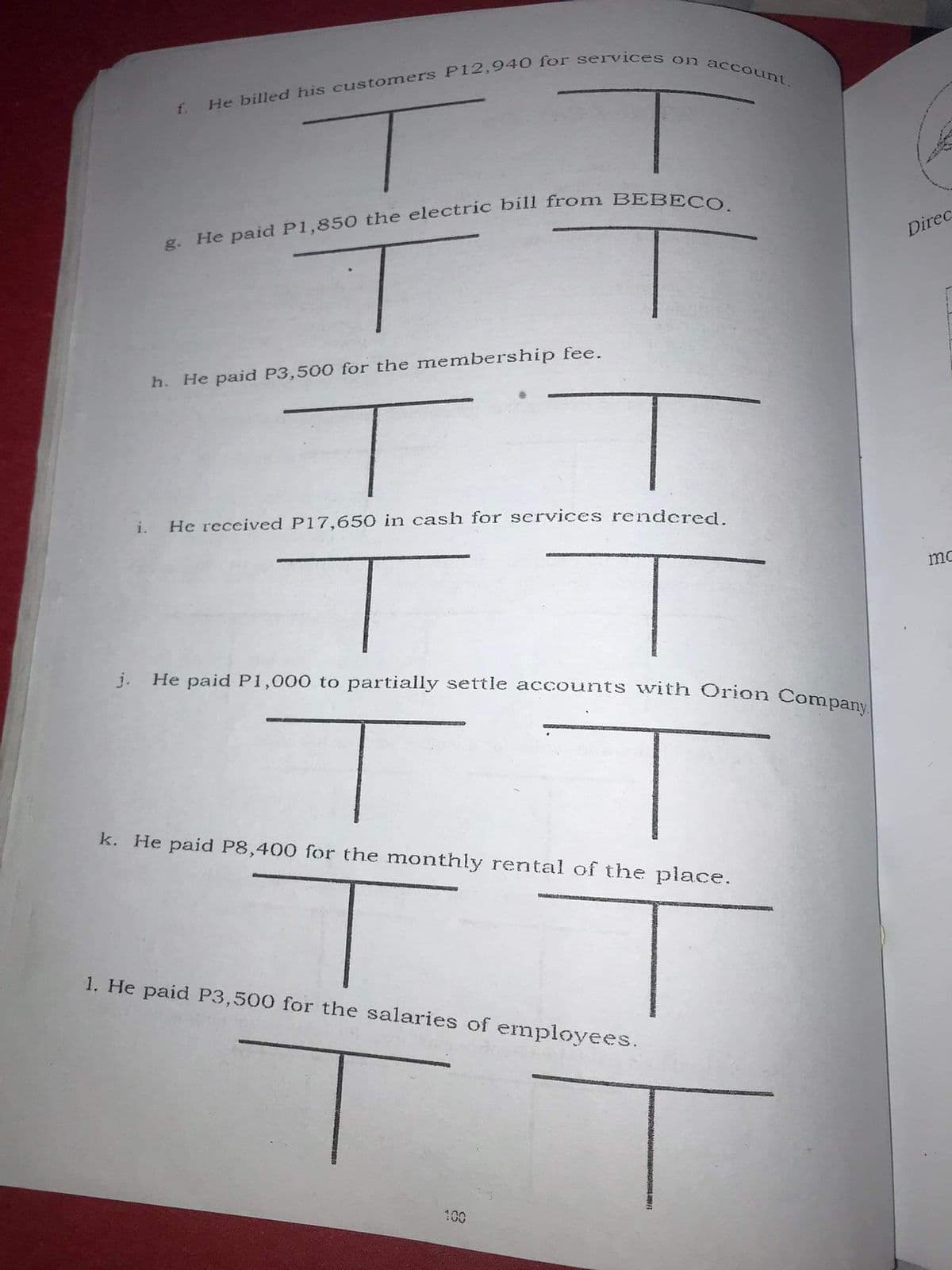 He paid P1,000 to partially settle accounts with Orion Company
f.
Direc
h. He paid P3,500 for the membership fee.
i.
He received P17,650 in cash for services rendered.
mo
j.
k. He paid P8,400 for the monthly rental of the place.
1. He paid P3,500 for the salaries of employees.
100
