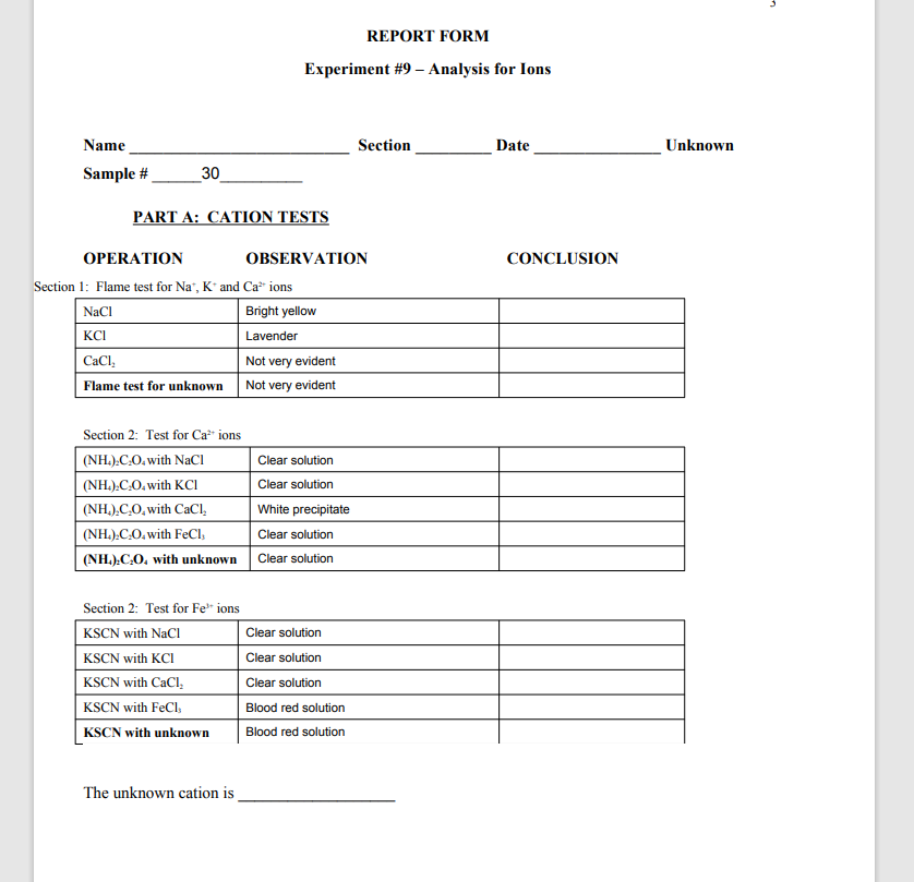 REPORT FORM
Experiment #9 – Analysis for Ions
Name
Section
Date
Unknown
Sample #
30
PART A: CATION TESTS
OPERATION
OBSERVATION
CONCLUSION
Section 1: Flame test for Na", K' and Ca ions
NaCl
Bright yellow
KCI
Lavender
CaCl,
Not very evident
Flame test for unknown Not very evident
Section 2: Test for Ca* ions
(NH.).C.O.with NaCl
Clear solution
(NH.).C.O.with KCI
Clear solution
(NH,),C,O, with CaCI,
White precipitate
(NH.).C.O.with FeCI,
Clear solution
(NH.).C.O, with unknown Clear solution
Section 2: Test for Fe* ions
KSCN with NaCl
Clear solution
KSCN with KCI
Clear solution
KSCN with CaCl,
Clear solution
KSCN with FeCl,
Blood red solution
KSCN with unknown
Blood red solution
The unknown cation is
