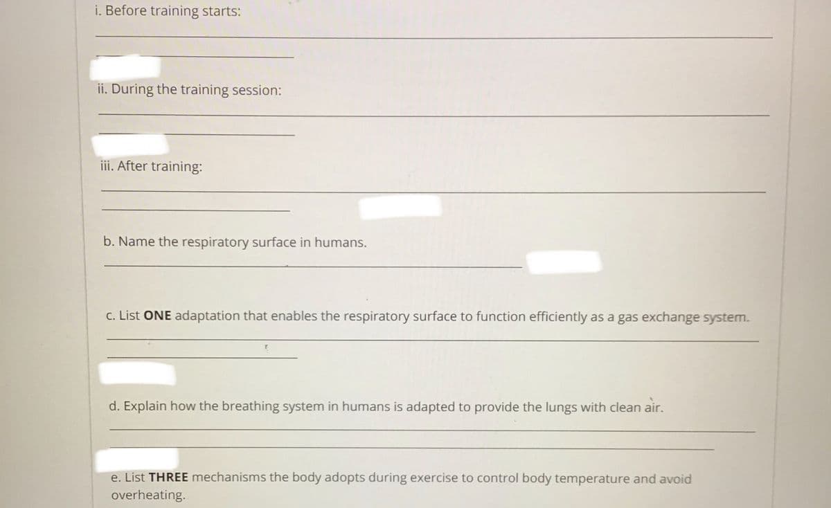 i. Before training starts:
ii. During the training session:
iii. After training:
b. Name the respiratory surface in humans.
c. List ONE adaptation that enables the respiratory surface to function efficiently as a gas exchange system.
d. Explain how the breathing system in humans is adapted to provide the lungs with clean air.
e. List THREE mechanisms the body adopts during exercise to control body temperature and avoid
overheating.
