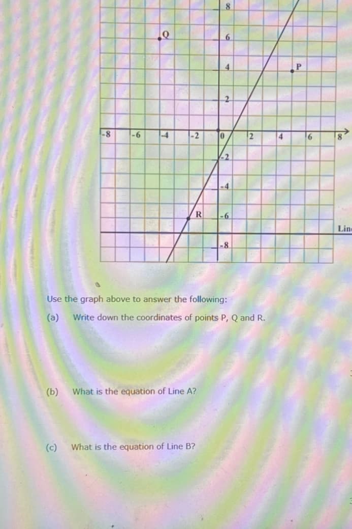 8
6
4
2.
-8
-6
-4
-2
4
-4
-6
Line
-8
Use the graph above to answer the following:
(a)
Write down the coordinates of points P,
and R.
(b)
What is the equation of Line A?
(c)
What is the equation of Line B?
