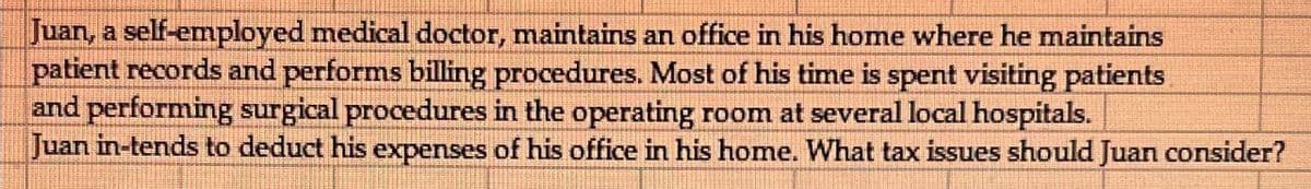 Juan, a self-employed medical doctor, maintains an office in his home where he maintains
patient records and performs billing procedures. Most of his time is spent visiting patients
and performing surgical procedures in the operating room at several local hospitals.
Juan in-tends to deduct his expenses of his office in his home. What tax issues should Juan consider?