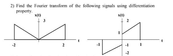 2) Find the Fourier transform of the following signals using differentiation
property.
x(t)
x(t)
-2
2
-1
-1
-2
