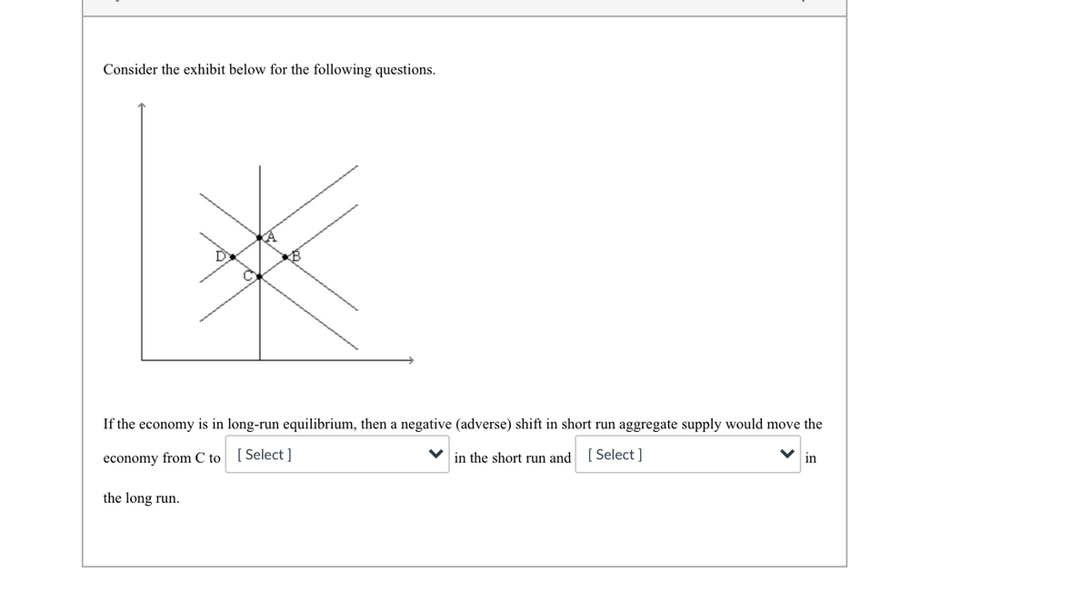 Consider the exhibit below for the following questions.
If the economy is in long-run equilibrium, then a negative (adverse) shift in short run aggregate supply would move the
economy from C to [ Select ]
in the short run and [ Select ]
in
the long run.
