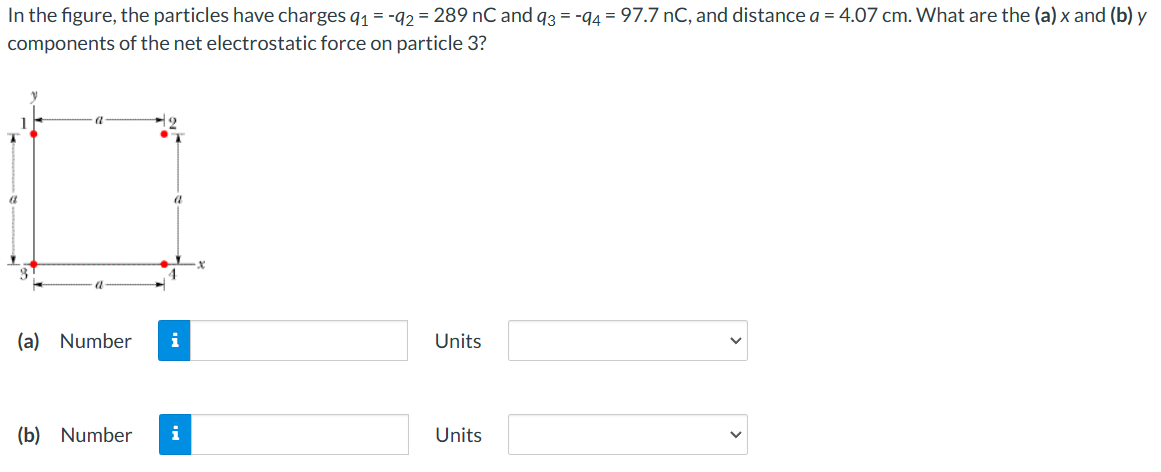 In the figure, the particles have charges 9₁ = -92 = 289 nC and 93 = -94 = 97.7 nC, and distance a = 4.07 cm. What are the (a) x and (b) y
components of the net electrostatic force on particle 3?
a
(a) Number i
(b) Number i
Units
Units