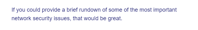 If you could provide a brief rundown of some of the most important
network security issues, that would be great.