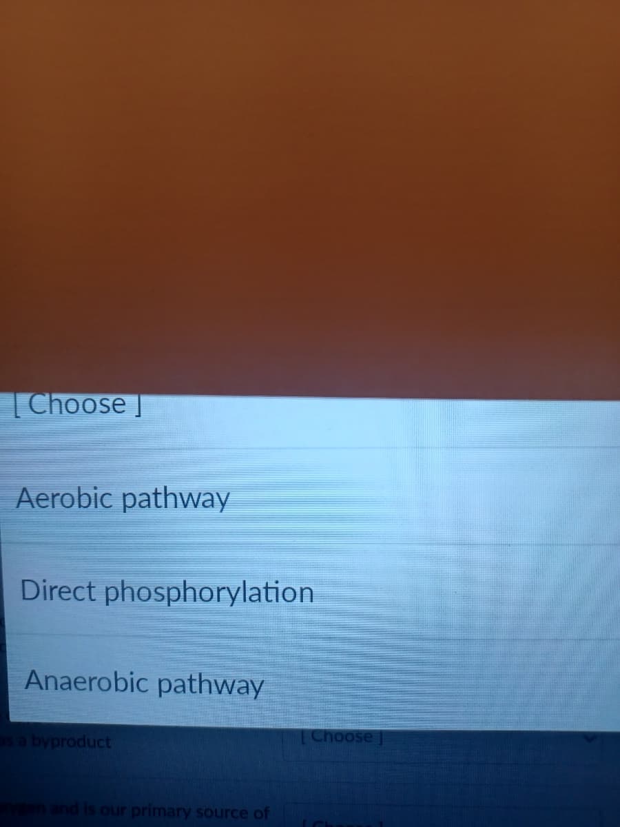 Choose
Aerobic pathway
Direct phosphorylation
Anaerobic pathway
as a byproduct
xygen and is our primary source of
[Choose]