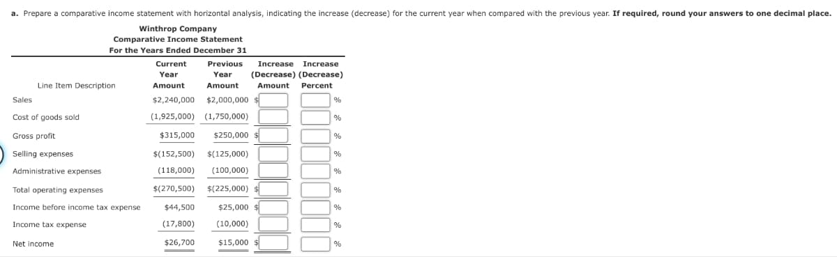 a. Prepare a comparative income statement with horizontal analysis, indicating the increase (decrease) for the current year when compared with the previous year. If required, round your answers to one decimal place.
Winthrop Company
Comparative Income Statement
For the Years Ended December 31
Current Previous
Year
Year
Amount Amount
$2,240,000 $2,000,000 $
(1,925,000) (1,750,000)
$315,000
$250,000
Line Item Description
Sales
Cost of goods sold
Gross profit
Selling expenses
Administrative expenses
Total operating expenses
Income before income tax expense
Income tax expense
Net income
Increase
Increase
(Decrease) (Decrease)
Amount
Percent
$(152,500)
$(125,000)
(118,000) (100,000)
$(270,500) $(225,000)
$44,500
$25,000
(17,800)
(10,000)
$26,700
$15,000 $
%
%
%
%
%
%
%
%
%