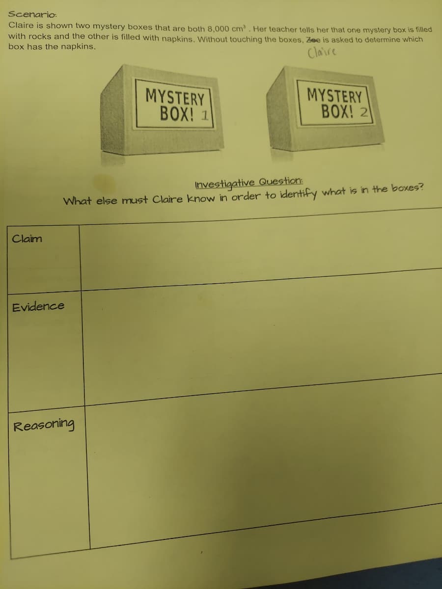 Scenario:
Claire is shown two mystery boxes that are both 8,000 cm . Her teacher tells her that one mystery box is filled
with rocks and the other is filled with napkins, Without touching the boxes, Zee is asked to determine which
box has the napkins.
Claire
MYSTERY
BOX! 1
MYSTERY
ВOX! 2
Investigative Question:
What else must Claire know in order to identify what is in the boxes?
Claim
Evidence
Reasoning
