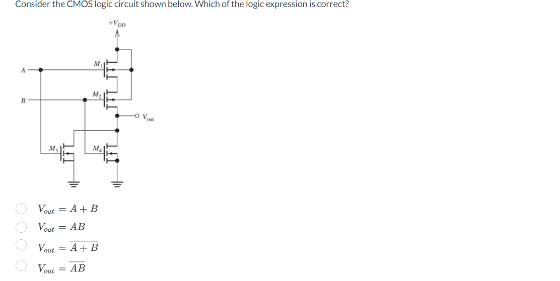 Consider the CMOS logic circuit shown below. Which of the logic expression is correct?
B
0000
M₂
15
H
M₁
M₂
M₁
Vout= A + B
Vout
= AB
Vout= A + B
Vout = AB
+VDD
Hu
Vout