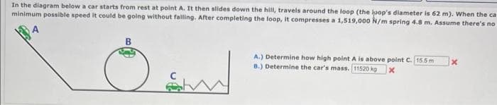 In the diagram below a car starts from rest at point A. It then slides down the hill, travels around the loop (the loop's diameter is 62 m). When the ca
minimum possible speed it could be going without falling. After completing the loop, it compresses a 1,519,000 N/m spring 4.8 m. Assume there's no
A.) Determine how high point A is above point C. 15.5 m
B.) Determine the car's mass. 11520 kg x
x