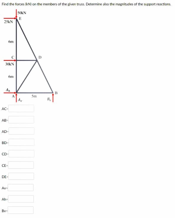 Find the forces (kN) on the members of the given truss. Determine also the magnitudes of the support reactions.
SOKN
25KN
6m
D
30kN
6m
An
B
A.
Ay
5m
By
AC
АВ
AD
BD-
CD
CE
DE
Av
Ah
Bv
