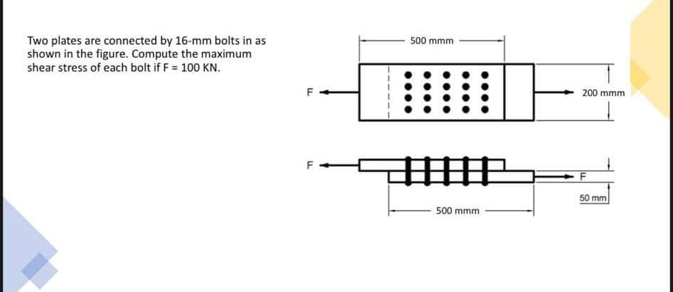 Two plates are connected by 16-mm bolts in as
shown in the figure. Compute the maximum
shear stress of each bolt if F = 100 KN.
F
F
500 mmm
W
500 mmm
200 mmm
F
50 mm