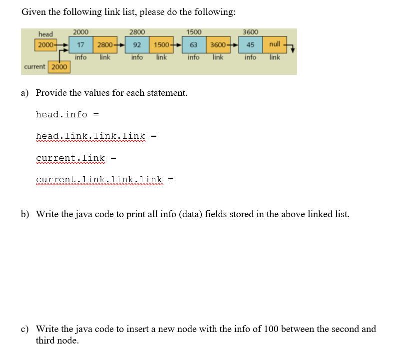 Given the following link list, please do the following:
head
2000
2800
1500
3600
2000-
17 2800 92 | 1500+ 63
info link
3600-
45
null
info link
info
link
info
link
current 2000
a) Provide the values for each statement.
head.info =
head.link.,link.link
current.link =
current.link.link.link
b) Write the java code to print all info (data) fields stored in the above linked list.
c) Write the java code to insert a new node with the info of 100 between the second and
third node.
