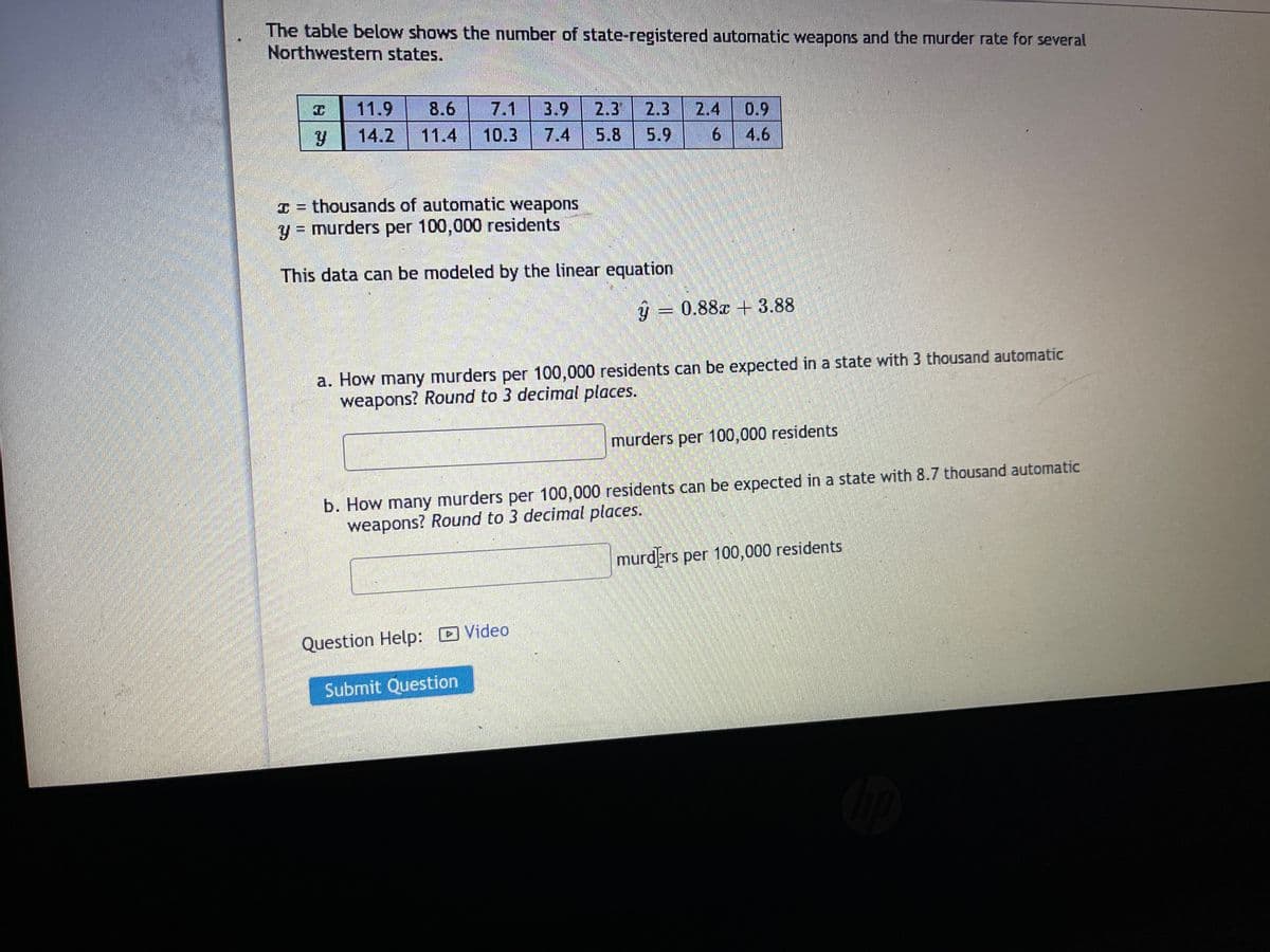 The table below shows the number of state-registered automatic weapons and the murder rate for several
Northwesterm states.
11.9
8.6
7.1
3.9
2.3
2.3
2.4
0.9
14.2
11.4
10.3
7.4
5.8
5.9
6.
4.6
I = thousands of automatic weapons
y = murders per 100,000 residents
%3D
This data can be modeled by the linear equation
ŷ = 0.88x + 3.88
a. How many murders per 100,000 residents can be expected in a state with 3 thousand automatic
weapons? Round to 3 decimal places.
murders per 100,000 residents
b. How many murders per 100,000 residents can be expected in a state with 8.7 thousand automatic
weapons? Round to 3 decimal places.
murders per 100,000 residents
Question Help: D Video
Submit Question
