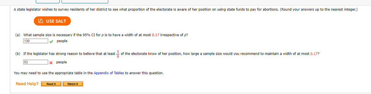 A state legislator wishes to survey residents of her district to see what proportion of the electorate is aware of her position on using state funds to pay for abortions. (Round your answers up to the nearest integer.)
USE SALT
(a) What sample size is necessary if the 95% CI for p is to have a width of at most 0.17 irrespective of p?
130
✓ people
(b) If the legislator has strong reason to believe that at least of the electorate know of her position, how large a sample size would you recommend to maintain a width of at most 0.17?
6
53
X people
You may need to use the appropriate table in the Appendix of Tables to answer this question.
Need Help?
Read It
Watch It