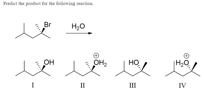 Predict the product for the following reaction.
Br
H2O
ОН
OH₂
Но,
лен цень люде
I
II
III
+
|H20,
IV