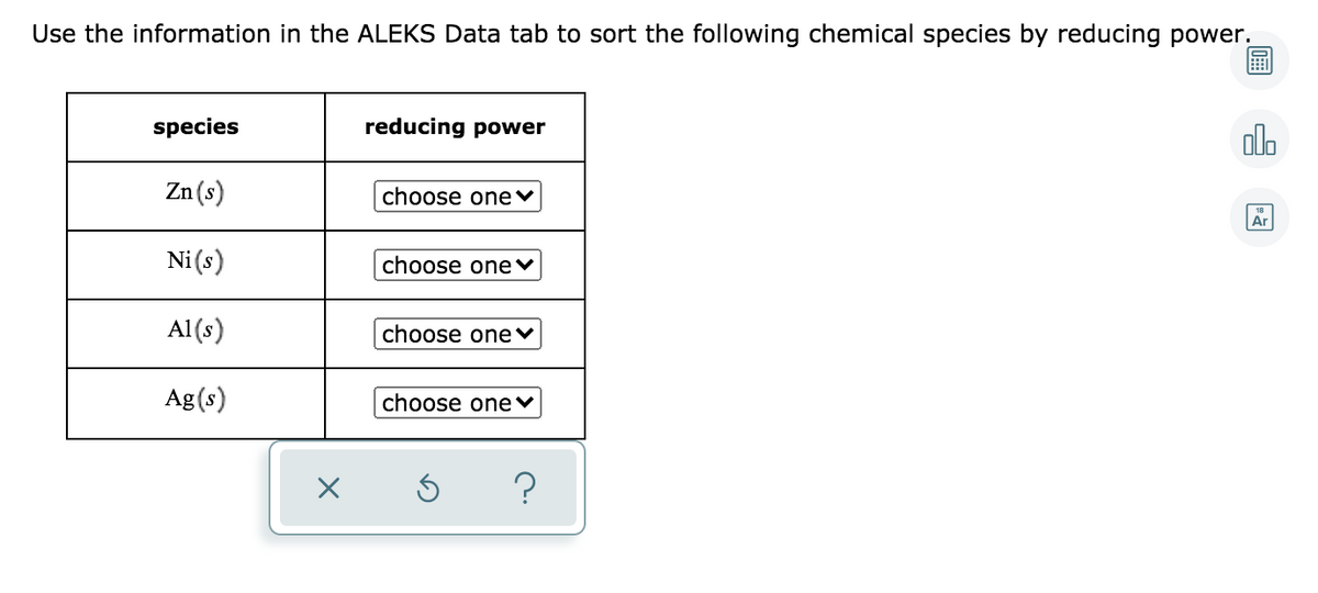 Use the information in the ALEKS Data tab to sort the following chemical species by reducing power.
species
reducing power
ol.
Zn (s)
choose one♥
Ar
Ni(s)
choose one♥
Al (s)
choose one♥
Ag(s)
choose one♥
?
