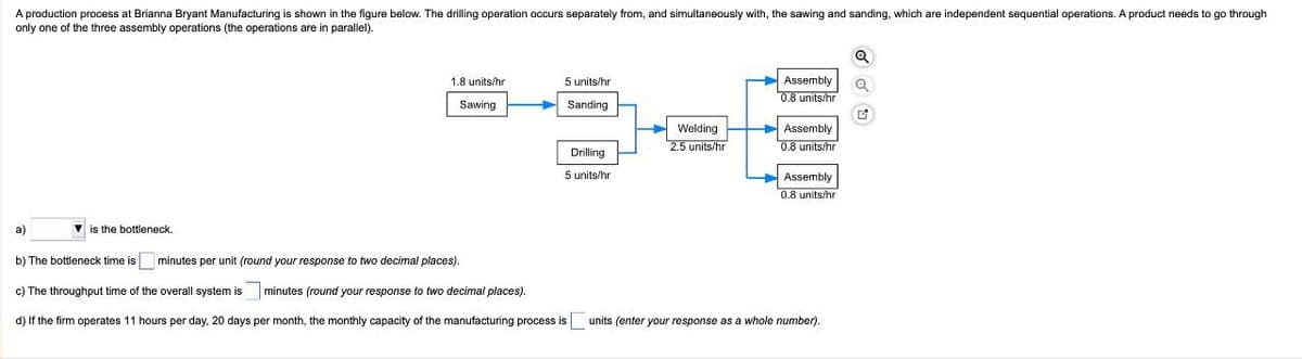 A production process at Brianna Bryant Manufacturing is shown in the figure below. The drilling operation occurs separately from, and simultaneously with, the sawing and sanding, which are independent sequential operations. A product needs to go through
only one of the three assembly operations (the operations are in parallel).
a)
is the bottleneck.
1.8 units/hr
Sawing
minutes per unit (round your response to two decimal places).
5 units/hr
Sanding
Drilling
5 units/hr
b) The bottleneck time is
c) The throughput time of the overall system is
minutes (round your response to two decimal places).
d) If the firm operates 11 hours per day, 20 days per month, the monthly capacity of the manufacturing process is
Welding
2.5 units/hr
Assembly
0.8 units/hr
Assembly
0.8 units/hr
Assembly
0.8 units/hr
units (enter your response as a whole number).
Q