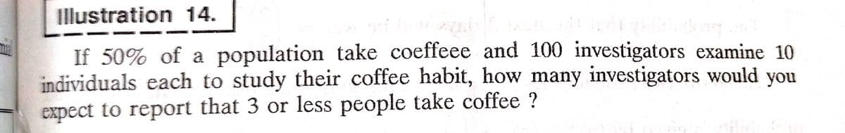 Illustration 14.
di sudegilishidorig ond
If 50% of a population take coeffeee and 100 investigators examine 10
individuals each to study their coffee habit, how many investigators would you
expect to report that 3 or less people take coffee?