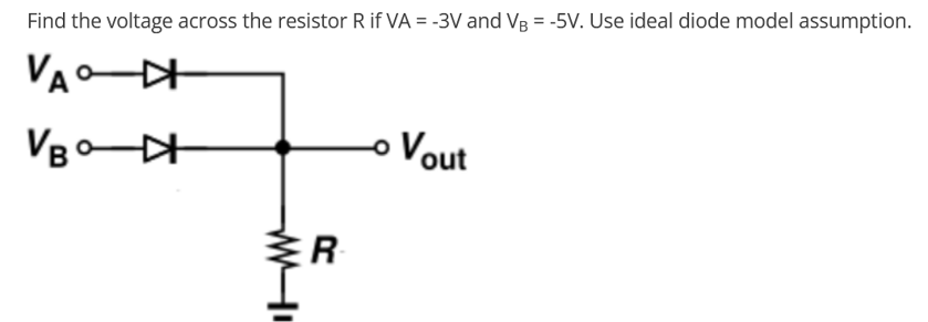 Find the voltage across the resistor R if VA = -3V and VB = -5V. Use ideal diode model assumption.
VA
VB-
ww
ER
Vout