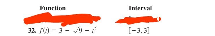 Function
32. f(t)= 3√9-1²
Interval
[-3,3]