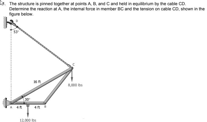 hot. The structure is pinned together at points A, B, and C and held in equilibrium by the cable CD.
Determine the reaction at A, the internal force in member BC and the tension on cable CD, shown in the
figure below.
53°
16 ft
8,000 lbs
30
4 ft
4 ft B
12,000 Ibs
