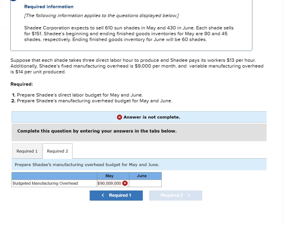 Required information
[The following information applies to the questions displayed below.]
Shadee Corporation expects to sell 610 sun shades in May and 430 in June. Each shade sells
for $151. Shadee's beginning and ending finished goods inventories for May are 80 and 45
shades, respectively. Ending finished goods inventory for June will be 60 shades.
Suppose that each shade takes three direct labor hour to produce and Shadee pays its workers $13 per hour.
Additionally, Shadee's fixed manufacturing overhead is $9,000 per month, and variable manufacturing overhead
is $14 per unit produced.
Required:
1. Prepare Shadee's direct labor budget for May and June.
2. Prepare Shadee's manufacturing overhead budget for May and June.
Complete this question by entering your answers in the tabs below.
Required 1 Required 2
X Answer is not complete.
Prepare Shadee's manufacturing overhead budget for May and June.
Budgeted Manufacturing Overhead
May
$90,009,000 X
< Required 1
June
Required 2 >