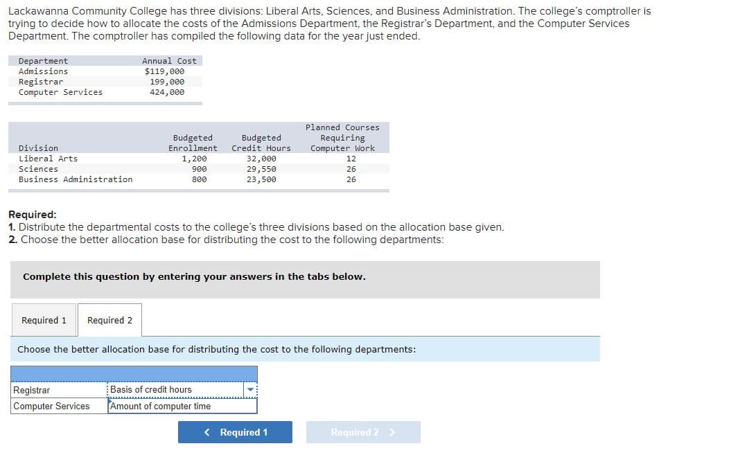 Lackawanna Community College has three divisions: Liberal Arts, Sciences, and Business Administration. The college's comptroller is
trying to decide how to allocate the costs of the Admissions Department, the Registrar's Department, and the Computer Services
Department. The comptroller has compiled the following data for the year just ended.
Department
Admissions
Registrar
Computer Services
Division
Liberal Arts
Sciences
Business Administration
Required 1
Annual Cost
$119,000
199,000
424,000
Required 2
Budgeted
Enrollment
1,200
900
800
Required:
1. Distribute the departmental costs to the college's three divisions based on the allocation base given.
2. Choose the better allocation base for distributing the cost to the following departments:
Registrar
Computer Services
Complete this question by entering your answers in the tabs below.
Budgeted
Credit Hours
32,000
29,550
23,500
Planned Courses
Requiring
Computer Work
12
26
26
Choose the better allocation base for distributing the cost to the following departments:
Basis of credit hours
Amount of computer time
< Required 1
Required 2 >