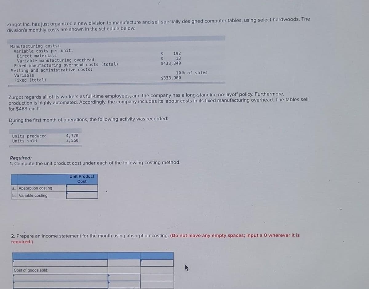 Zurgot Inc. has just organized a new division to manufacture and sell specially designed computer tables, using select hardwoods. The
division's monthly costs are shown in the schedule below:
Manufacturing costs:
Variable costs per unit:
Direct materials
Variable manufacturing overhead
Fixed manufacturing overhead costs (total)
Selling and administrative costs:
Variable
Fixed (total)
Units produced
Units sold
Zurgot regards all of its workers as full-time employees, and the company has a long-standing no-layoff policy. Furthermore,
production is highly automated. Accordingly, the company includes its labour costs in its fixed manufacturing overhead. The tables sell
for $489 each.
During the first month of operations, the following activity was recorded:
a. Absorption costing
b. Variable costing
4,770
3,550
$ 192
13
$
$438,840
Cost of goods sold:
10% of sales
Required:
1. Compute the unit product cost under each of the following costing method.
Unit Product
Cost
$333,900
2. Prepare an income statement for the month using absorption costing. (Do not leave any empty spaces; input a 0 wherever it is
required.)