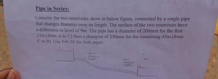 Pipe in Series:
Consider the two reservoirs show in below figure, connected by a single pipe
that changes diameter over its length. The surface of the two reservoirs have
a difference in level of 9m, The pipe has a diameter of 200mm for the first
15m (from A to C) then a diameter of 250mm for the remaining 45m (from
C to B). Use f-0.01 for both pipes
diemted
han
