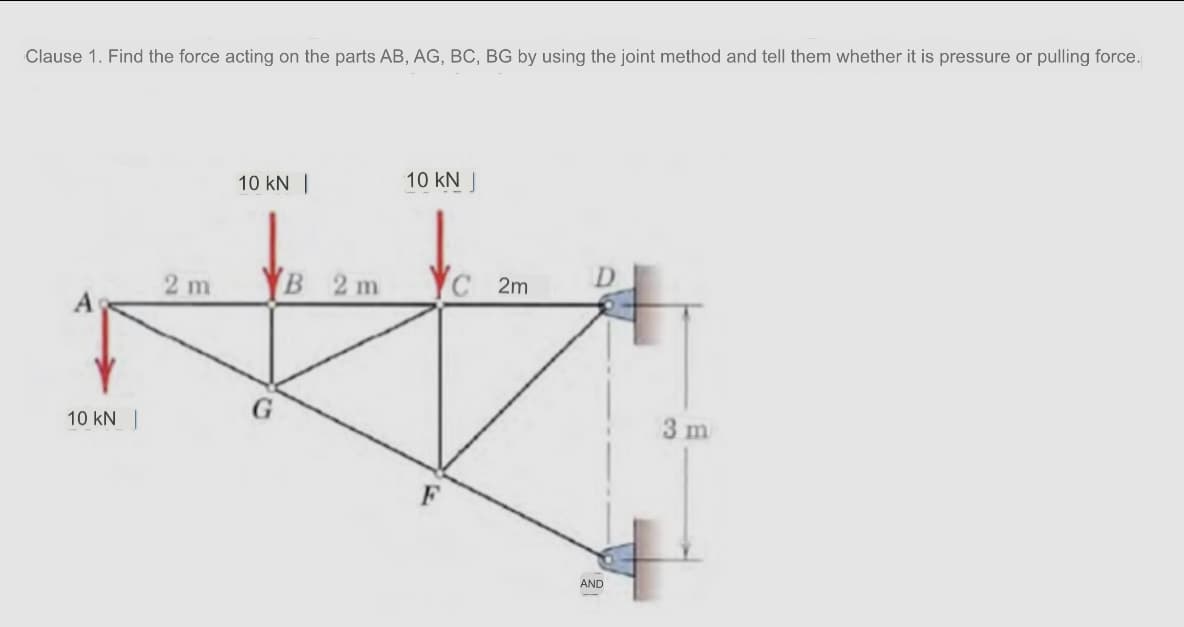 Clause 1. Find the force acting on the parts AB, AG, BC, BG by using the joint method and tell them whether it is pressure or pulling force.
10 kN |
10 kN J
D
2 m
(В 2 m
С 2m
10 kN |
3 m
AND
