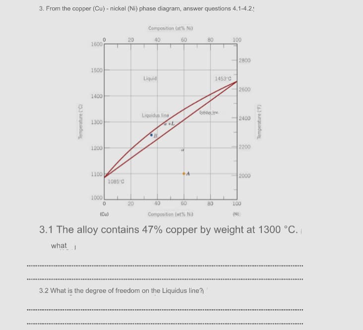 3. From the copper (Cu) - nickel (Ni) phase diagram, answer questions 4.1-4.2!
Composition (at% Ni)
40
60
100
1600
2800
1500
Liquid
1453°C
2600
1400
Selidus ine.
Liquidus line
2400
1300
1200
2200
1100
2000
1085 C
1000
20
40
60
80
100
(Cu)
Composition (wt% N)
(NI)
3.1 The alloy contains 47% copper by weight at 1300 °C.
what
3.2 What is the degree of freedom on the Liquidus line?
....................................
(5.) aungesadwa
Temperature (F)
