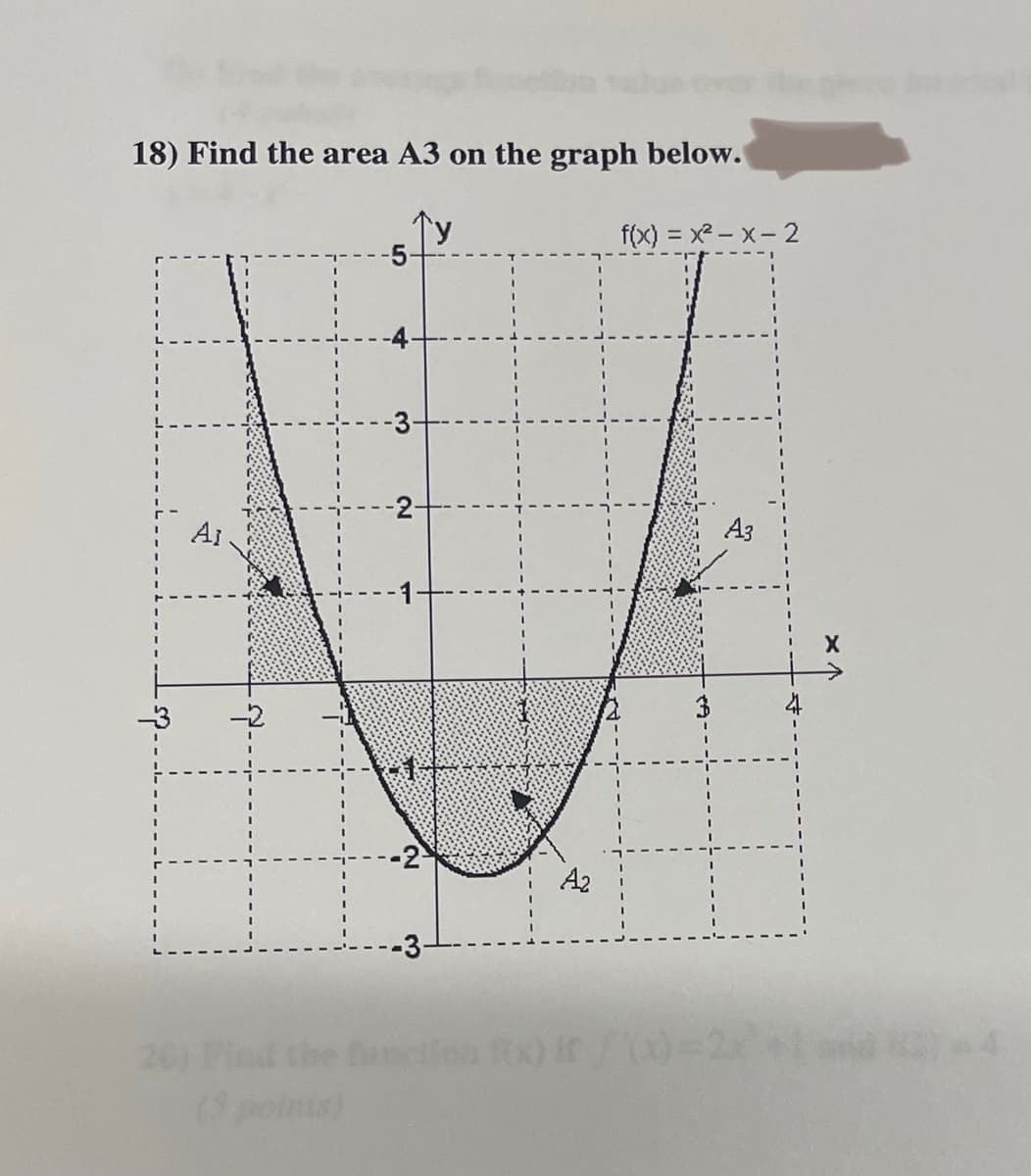 18) Find the area A3 on the graph below.
Ту
Ai
A₂
f(x)=x²-x-2
A3