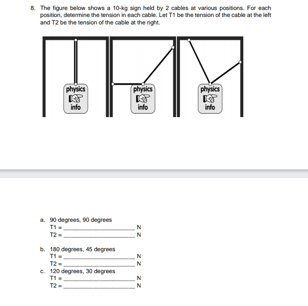 8. The figure below shows a 10-kg sign held by 2 cables at various positions. For each
position, determine the tension in each cable. Let T1 be the tension of the cable at the left
and T2 be the tension of the cable at the right.
physics
physics
physics
info
info
info
a. 90 degrees, 90 degrees
T1 =
T2 =
N
b. 180 degrees, 45 degrees
T1 =
T2 =
c. 120 degrees, 30 degrees
T1 =
T2 =
zZ
z Z
