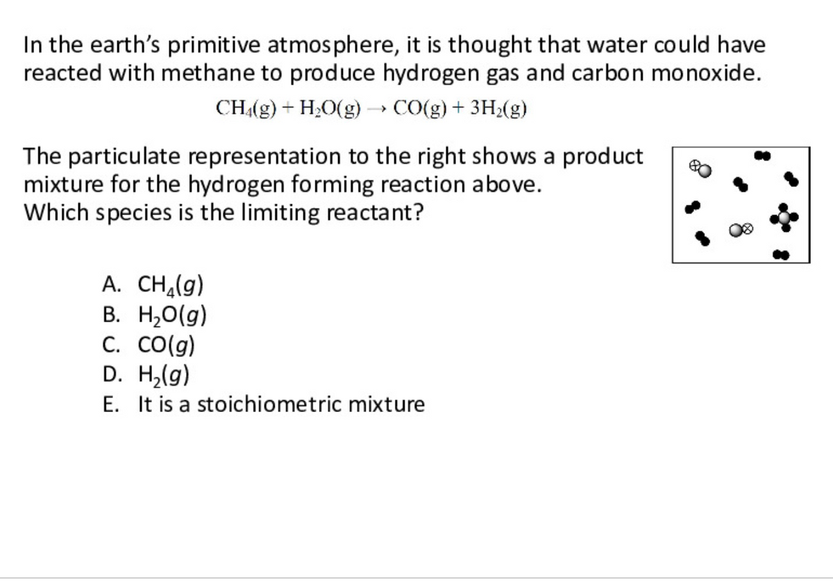 In the earth's primitive atmosphere, it is thought that water could have
reacted with methane to produce hydrogen gas and carbon monoxide.
CH(g) + H;O(g) → CO(g)+ 3H2(g)
The particulate representation to the right shows a product
mixture for the hydrogen forming reaction above.
Which species is the limiting reactant?
A. CH,(g)
В. Н.О(g)
C. Co(g)
D. H,(g)
E. It is a stoichiometric mixture
