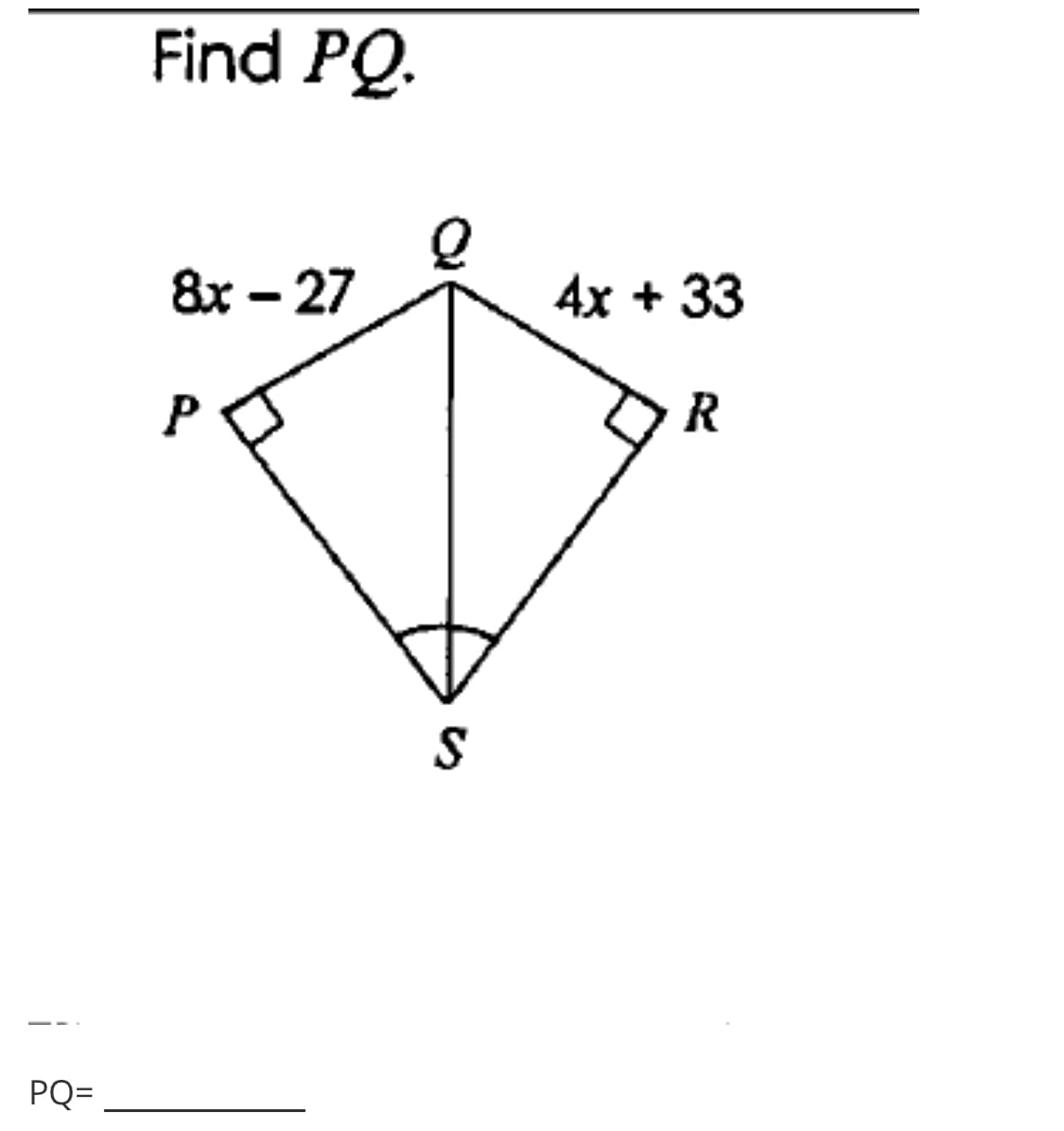 Find PQ.
8х - 27
4x + 33
R
PQ=
