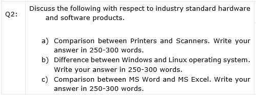 Q2:
Discuss the following with respect to industry standard hardware
and software products.
a) Comparison between Printers and Scanners. Write your
answer in 250-300 words.
b) Difference between Windows and Linux operating system.
Write your answer in 250-300 words.
c) Comparison between MS Word and MS Excel. Write your
answer in 250-300 words.